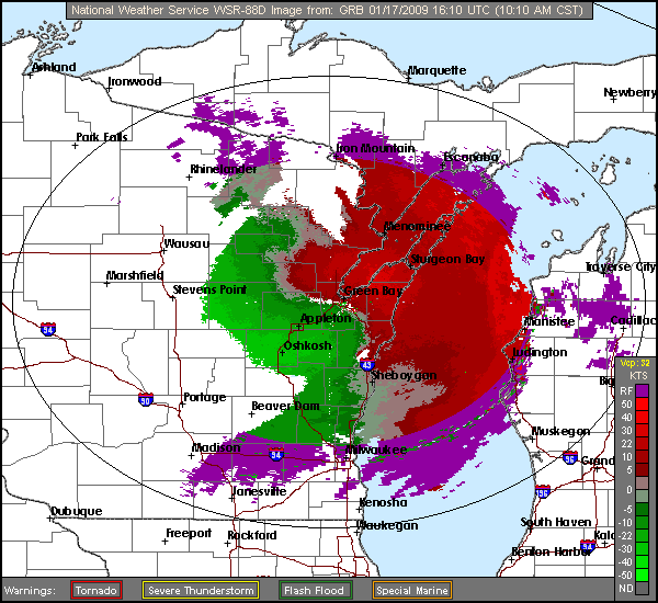 Click for latest Storm Relative Motion radar image from the Green Bay, WI radar and current weather warnings