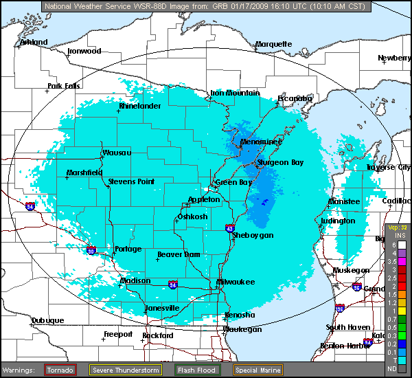 Click for latest Storm Total Precipitation radar image from the Green Bay, WI radar and current weather warnings