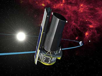 Artist's painting of Spitzer Space Telescope in orbit.