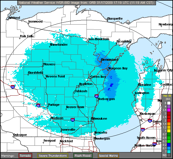 Click for latest Storm Total Precipitation radar loop from the Green Bay, WI radar and current weather warnings