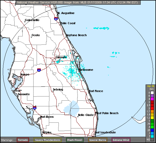 Click for latest One Hour Precipitation radar loop from the Melbourne, FL radar and current weather warnings