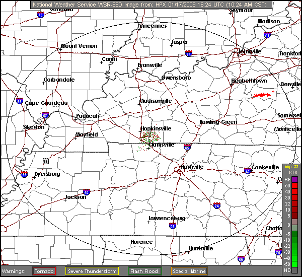 Click for latest Storm Relative Motion radar image from the Fort Campbell, KY radar and current weather warnings