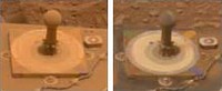 The photo on the left shows a part of Spirit covered in a thick layer of red, Martian dust on March 5, 2005. Ten days later, dust-lifting winds had blown the part clean