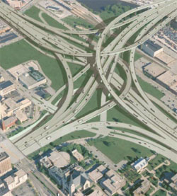 The latest traffic analysis models can help planners design complex interchanges like the Marquette Interchange Project in Wisconsin, shown in this computer rendering. 