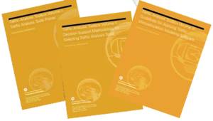 FHWA's Traffic Analysis Toolbox contains: Volume I: Traffic Analysis Tools Primer, Volume II: Decision Support Methodology for Selecting Traffic Analysis Tools, and Volume III: Guidelines for Applying Traffic Microsimulation Modeling Software. 