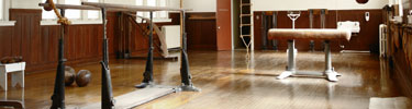 color photo of Fordyce Bathhouse gym with parallel bars in left foreground and vaulting horse in right background