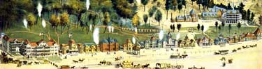 colored print labeled 1888 Bath House Row, from Fountain St. to Reserve St. showing white plumes to show springs on the hillside