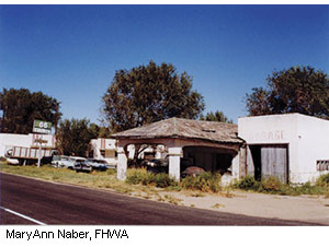 With the opening of I-40, many businesses on parallel Route 66 lost their customers, including these enterprises along Route 66 in Glenrio, NM, photographed in 1993.