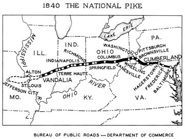 The Federal Government built the National Road (National Pike) from Cumberland, MD, to Vandalia, IL, and gave it to the States in the 1830s to operate as a turnpike. As shown on this map, Maryland built an extension from Cumberland to the port of Baltimore. Source: FHWA.