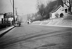 This section of the National Road (U.S. 40) in Wheeling, WV, was reconstructed in 1941 to provide a road width of 12 meters (40 feet).