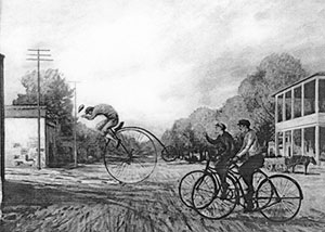 Beginning in the 1880s, a bicycle craze swept the country, leading to demands for better rural roads. The "ordinary bicycle" (with the large front wheel) sparked the bicycle craze of the 1880s, but the "safety" bicycle (equal size wheels) expanded the craze. This painting by BPR artist Carl Rakeman illustrates one of the problems with the "ordinary," namely front spills known as "headers."