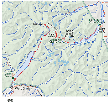 From east to west, the Going-to-the-Sun Road, shown here in red, starts in the village of Saint Mary, follows the northern shore of Saint Mary Lake, passes Going-to-the-Sun Mountain, climbs to Logan Pass, hugs the Garden Wall and turns the Loop, then follows McDonald Creek down to the southern shore of Lake McDonald, ending in the village of West Glacier.