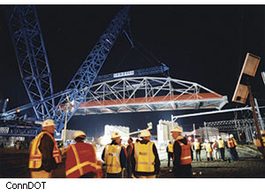 A marvel of the ABC approach, a 771-metric ton (850-ton) steel truss span was set in place over rail lines in New Haven, CT, in one operation at midnight to avoid impacts on a vital railroad corridor.