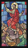 Design drawing for stained glass window. Christ preaches, sitting (Sermon on the Mount?); mother and infant