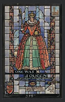 Design drawing for stained glass window with text: One Was a Queen and Elizabeth I