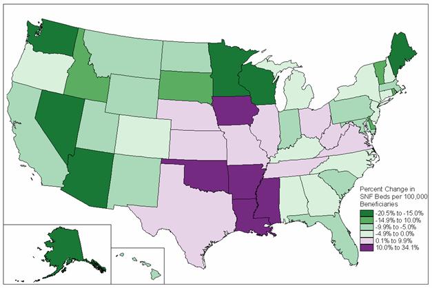 map of percent change in SNF beds per 100,000 beneficiaries 2000-2006 by state