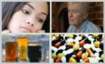 collage showing sad people, pills, and beer mugs