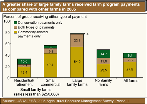 Chart: A greater share of large family farms received farm program payments as compared with other farms in 2005