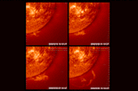 Four consecutive EIT images showing the eveolution of a prominence in the bottom right quadrant of the Sun