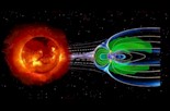 Artists rendition of particles blasted from the Sun towards Earth and the impact on the Magnetosphere using a Yohkoh image