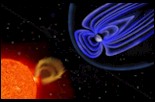 Artists rendition of particles blasted from the Sun towards Earth and the impact on the Magnetosphere using a SOHO EIT image
