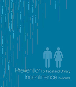 Artwork for Conference: Prevention of Fecal and Urinary Incontinence in Adults, showing male and female bathroom symbols on a bluish-gray background. 