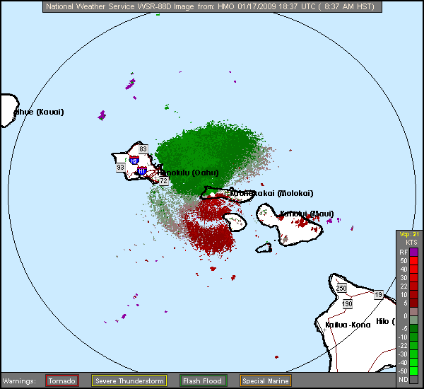 Click for latest Storm Relative Motion radar loop from the Molokai, HI radar and current weather warnings