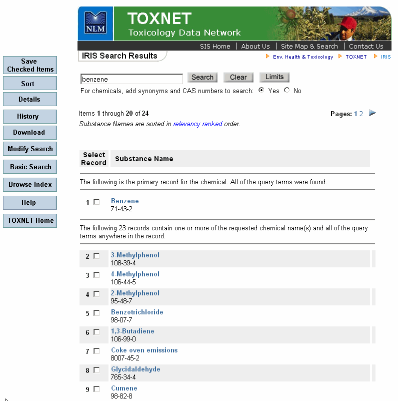 IRIS benzen search result
