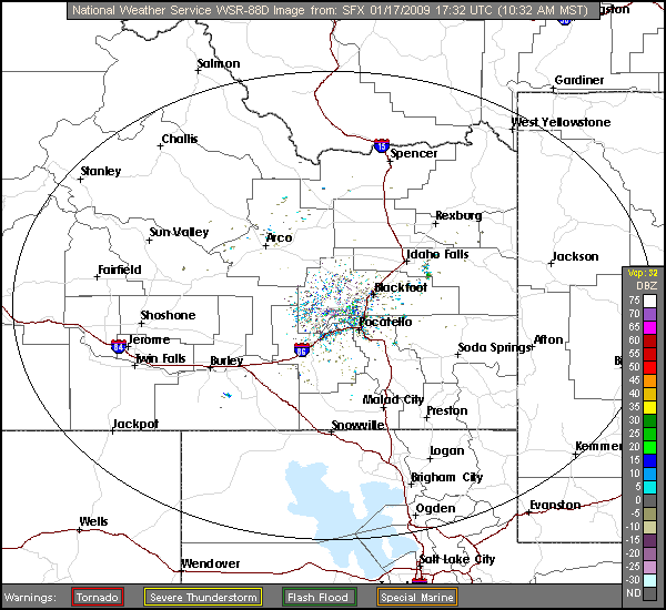 Click for latest Base Reflectivity radar image from the Pocatello/Idaho Falls, ID radar and current weather warnings
