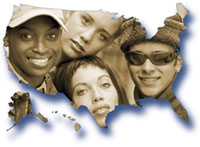 photo of faces of four young people embedded in outline of United States
