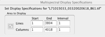 Multispec "Display Spec" window showing 3804 lines and 4018 columns.