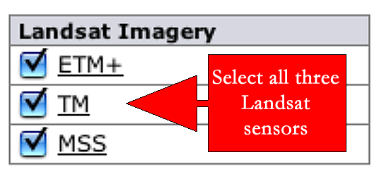 Image of GLCF Landsat Sensor Selection Box