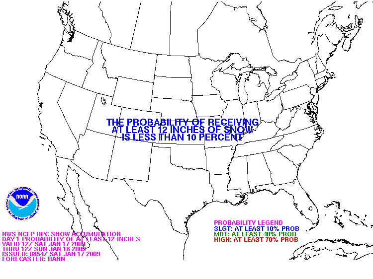 Probability of snowfall greater than or equal to 12 inches