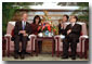 President George W. Bush and Chinese President Jiang Zemin talk during an arrival ceremony at The Great Hall of the People in Beijing, People's Republic of China, Feb. 21. White House photo by Paul Morse.