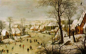 Painting of people skating and playing on frozen river