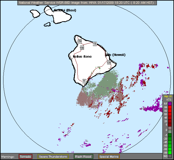 Click for latest Base Velocity radar image from the South Shore Hawaii, HI radar and current weather warnings
