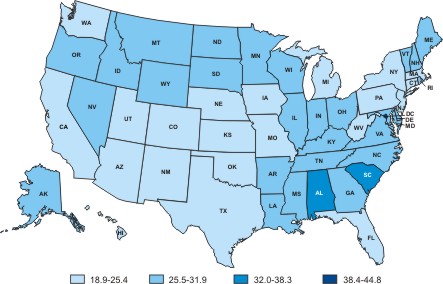 Map of the United States showing male prostate cancer death rates by state in 2004.