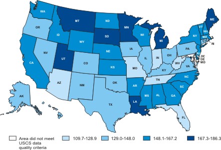 Map of the United States showing male prostate cancer incidence rates by state in 2004.