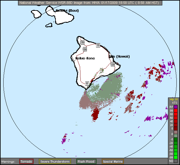 Click for latest Base Velocity radar loop from the South Shore Hawaii, HI radar and current weather warnings