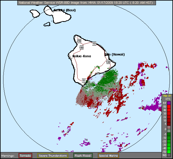 Click for latest Storm Relative Motion radar image from the South Shore Hawaii, HI radar and current weather warnings