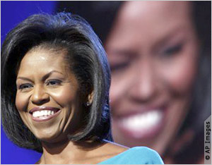 Michelle Obama le 25 août 2008, lors dl'investiture de son époux à la candidature du parti décmocrate.