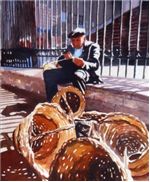A watercolor of a man weaving a basket.