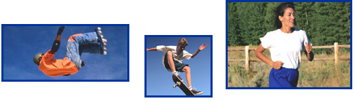 An airborne person on rollerblades, an airborne teen on a skateboard and a woman jogging.