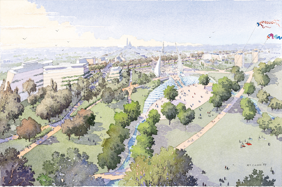 Watercolor vision of a redeveloped RFK Stadium site