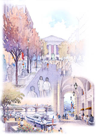 Watercolor visions of revitalized, mixed-use spaces
