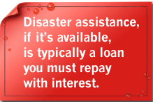 Disaster assistance – if it’s available – is typically a loan you must repay with interest.