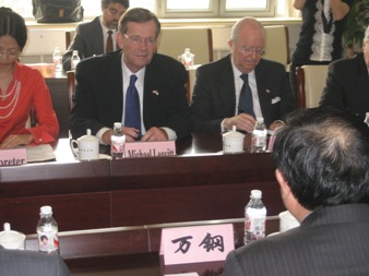 May 16, 2008 – U.S. Secretary of Health and Human Services (HHS) Michael O. Leavitt (left) and the Honorable Clark T. 'Sandy' Randt, Jr., U.S. Ambassador to the People's Republic of China, at a meeting with the Honorable Wan Gang, the Chinese Minister of Science and Technology (MOST), at MOST headquarters in Beijing. (Photo Credit: Chris Hickey, HHS)