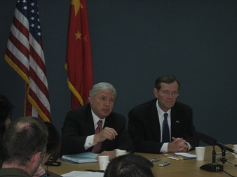 May 16, 2008 – U.S. Secretary of Health and Human Services (HHS) Michael O. Leavitt (right) and HHS Food and Drug Administration Commissioner Andrew von Eschenbach, M.D., answer questions from the news media at a press conference at the U.S. Embassy in Beijing at the conclusion of their trip to the People's Republic of China. (Photo Credit: Bill Steiger, HHS)