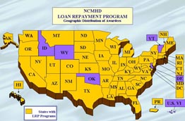 Map of states, District of Columbia and territories that currently have students participating in Loan Repayment Program; all but Idaho, Wyoming, Oklahoma, Delaware, Vermont and US Virgin Islands have participants in this program.