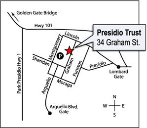 A map indicating the location of the Presidio Trust, 34 Graham Street. Detailed driving directions are listed below the map.